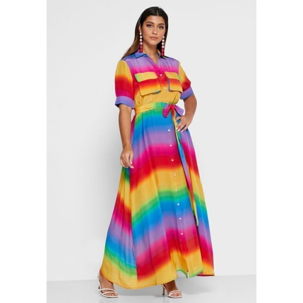 All Things Mochi Iska Rainbow Silk Maxi Shirtdress